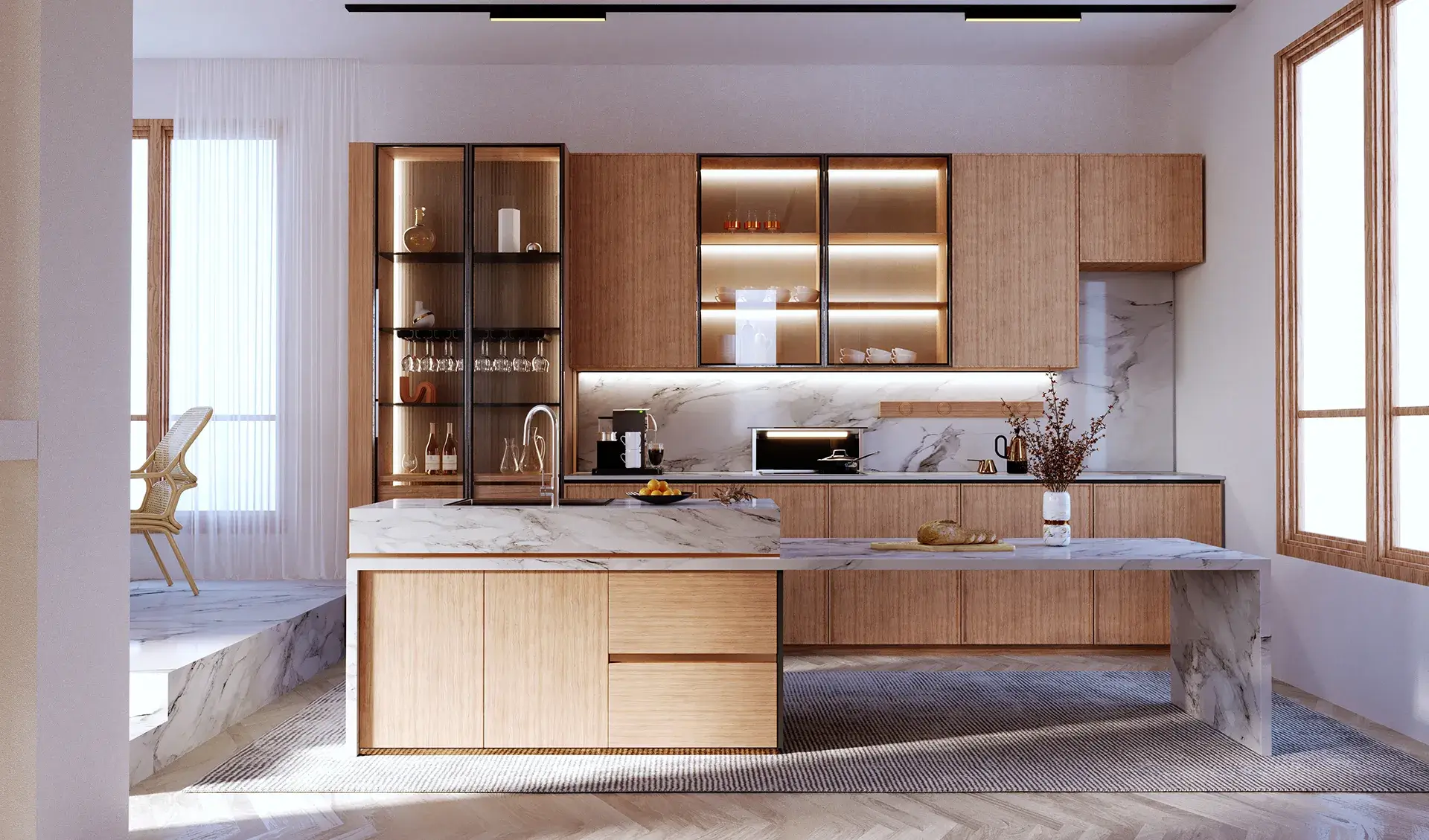 Modern wood kitchen with glass display cabinetry and an island
